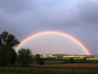 Beautiful Rainbow Arcs Over a Peaceful Rural Landscape