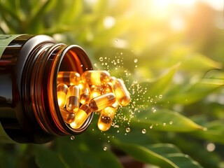 Golden Health Supplements Pouring from a Bottle, Nature Background