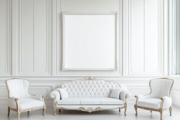 clear pixel image of White guest interior with couch and chairs panoramic window. Mockup frame high detail