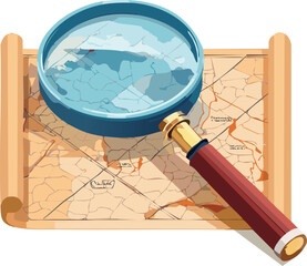 A vintage magnifying glass with a brass handle resting on a faded map, showing intricate cartographic details. The glass distorts the map beneath it, creating a sense of discovery and nostalgia