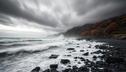 Monochrome long exposure of dramatic autumnal coastline, stormy sea, nature, cold