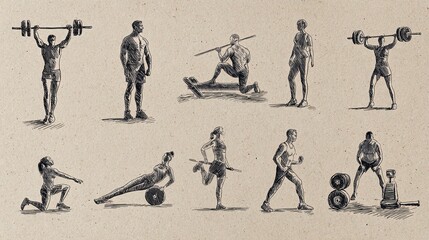 People in fitness gym set Illustration of different strength training poses.