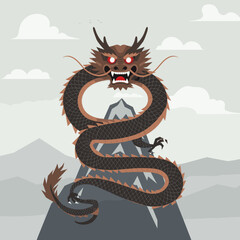 Obraz premium The dragon’s fiery eyes and detailed scales stand out against the grey mountains and soft clouds, creating an imposing and mystical image of strength and dominance.