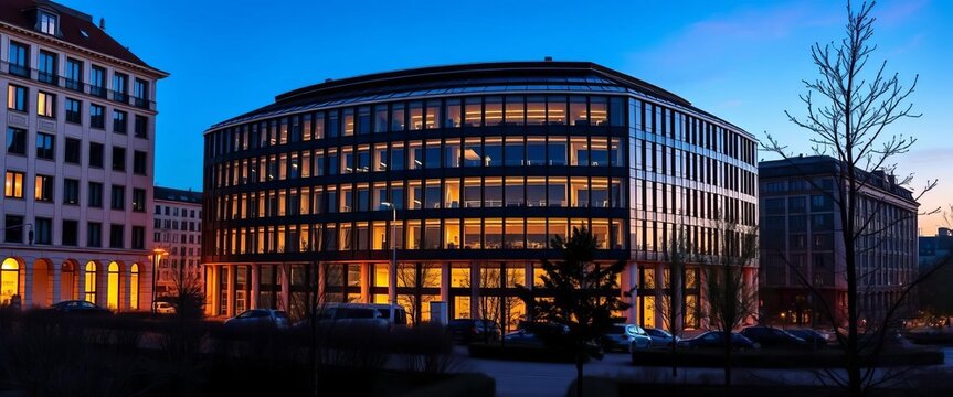 Munich office building, twilight blue hour glow, district, property