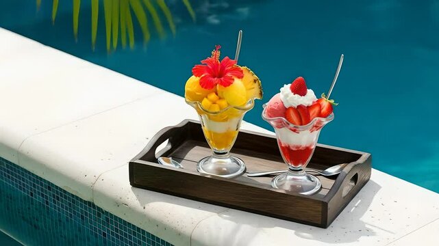Tropical fruit sundaes by blue pool, exotic dessert, mango, strawberry, ice cream. Promote summer treats, vacation getaways, healthy eating, luxury lifestyle, pool parties. 