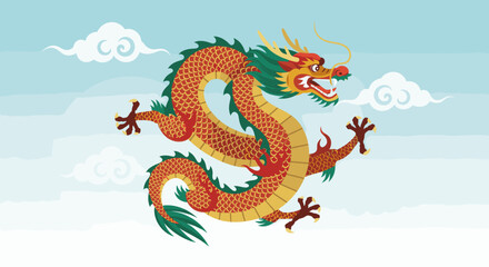 Obraz premium A traditional Asian dragon artwork featuring a fierce, coiled dragon with a golden and black color scheme. Flames and clouds surround the dragon, enhancing its mythical aura.