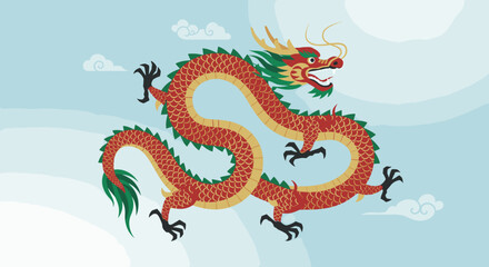 A traditional Asian dragon artwork featuring a fierce, coiled dragon with a golden and black color scheme. Flames and clouds surround the dragon, enhancing its mythical aura.