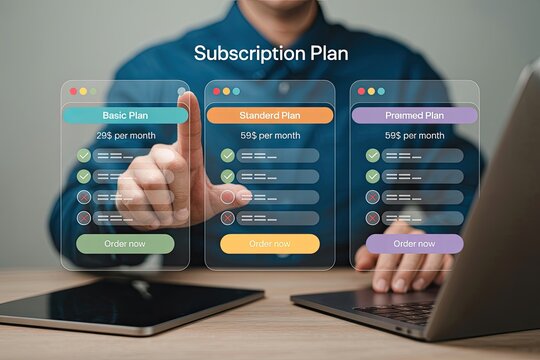 Man choosing a subscription plan online comparing prices and features - Powered by Adobe