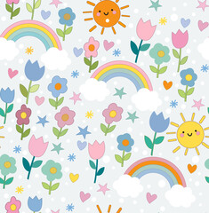 cute flower vector pattern with sun and rainbow design for kids 