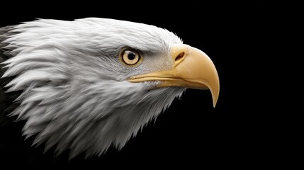 Fototapeta premium Close up of an eagle's head with a golden beak. Concept of strength and power, as the eagle's sharp beak and piercing eyes are the most prominent features