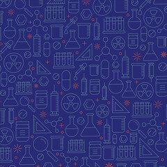 Education doodle seamless pattern. Science line hand drawn elements - mathematics formula, chemistry molecule, dna, graph, scientific experiment vector repeated background