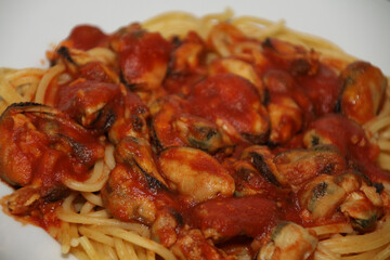 spaghetti with mussels, tomato sauce, served on a white plate,