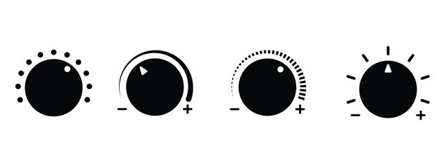Volume control knobs icons set. black round turning switches, knob switches high to low volume speed controller set in black and white color. vector illustration.