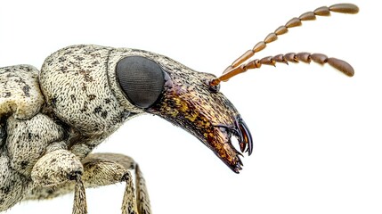 A highly detailed shot of a weevil insects face, showing long snout and texture, isolated on a white background with balanced lighting