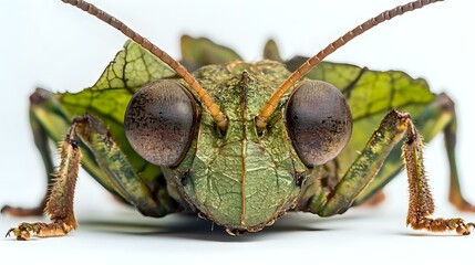 Close-up of a katydid insect face showing leaf-like textures and large eyes, isolated on a well-lit white background with high clarity