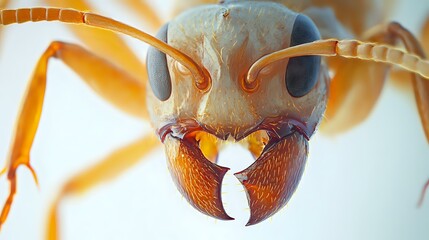 Detailed close-up of an ant face showing mandibles, eyes and segmented features against a bright white backdrop, with precise focus and lighting