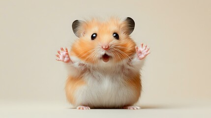 Fluffy hamster looking surprised with tiny paws raised on a light beige background in a focused and well-lit studio setting