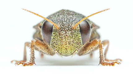 Highly detailed shot of a leafhopper face with symmetrical features and tiny hairs, bright white backdrop with crisp focus and lighting