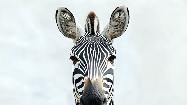Close-up of a zebra face showing black and white stripe patterns, ears and eye details against a plain white backdrop with sharp focus