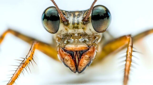 Extreme close-up of a water strider face with reflective compound eyes and unique mouthparts, focused and isolated on white background - Powered by Adobe