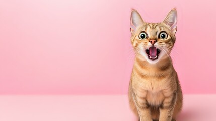 Surprised cat with wide eyes and open mouth on a plain pastel background showing dramatic reaction in a clean minimal setting