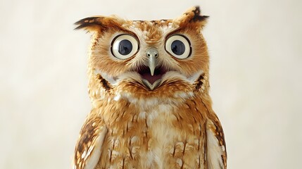 Wide-eyed owl showing surprise with puffed feathers on a plain soft background creating a focused and minimal look