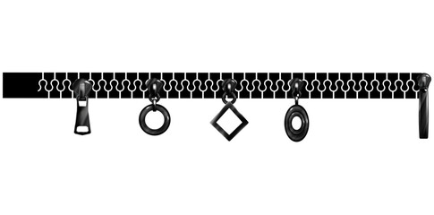 Realistic Black Zipper Isolated On White Background, Zip With Pullers Vector Illustration.	