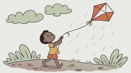 Illustration of a boy flying a kite in the rain with clouds and grass in the background on a light day