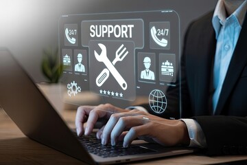 Person using laptop with digital support interface showing 24 7 availability technical assistance and customer service icons