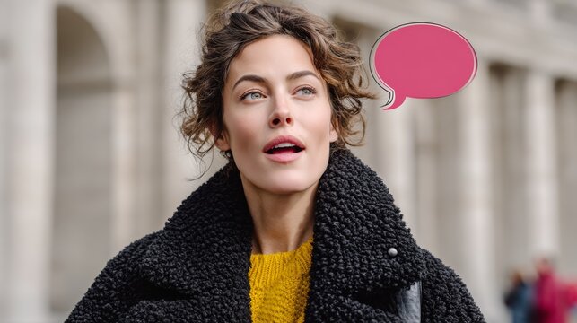 Woman wearing a black coat and yellow sweater is looking up at something. The image is captioned with a pink speech bubble that says "It's important not just write what is on image