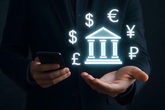 Central bank online, interbank payment, Global currency exchange concept. Businessman holding virtual world. dollar yuan yen euro ruble and pound sterling sign. world economy, business money transfer,