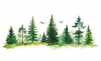 Winter Christmas design elements are embodied in this hand-drawn watercolor illustration of a coniferous forest, which includes spruce, and showcases winter nature, a holiday background, conifer,