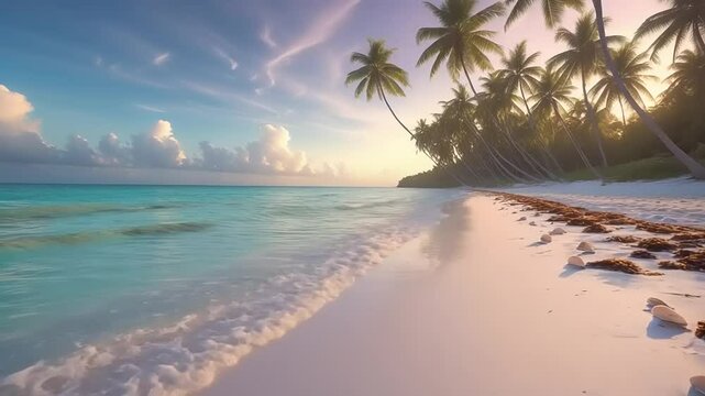 Serene Sunrise on Tropical Beach Palm Trees, White Sand, and Azure Ocean