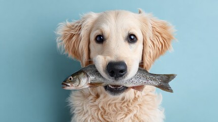 Dog is holding a fish in its mouth. The fish is small and silver. The dog has a happy expression on its face