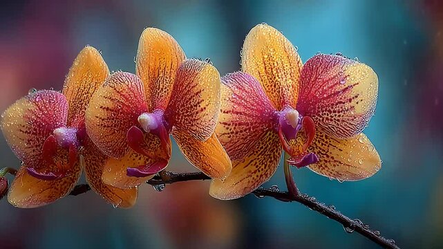 Vibrant Orchid Blooms: A Close-Up Video of Dew-Kissed Flowers on a Branch, Showcasing Delicate Petals and Water Droplets
