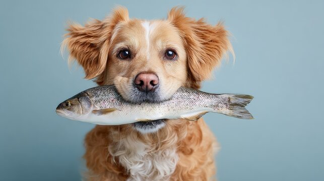Dog is holding a fish in its mouth. The dog is brown and white. The fish is silver and has a lot of scales