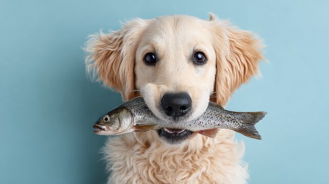 Dog is holding a fish in its mouth. The fish is small and silver. The dog has a happy expression on its face