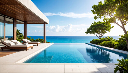 Fototapeta premium Poolside background overlooking the ocean in summer