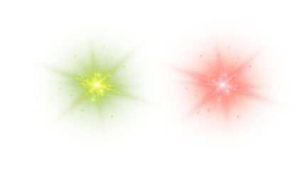 Fototapeta premium Dazzling Green and Red Starbursts with Twinkling Sparks, Creating a Festive and Energetic Light Effect on a Transparent Background