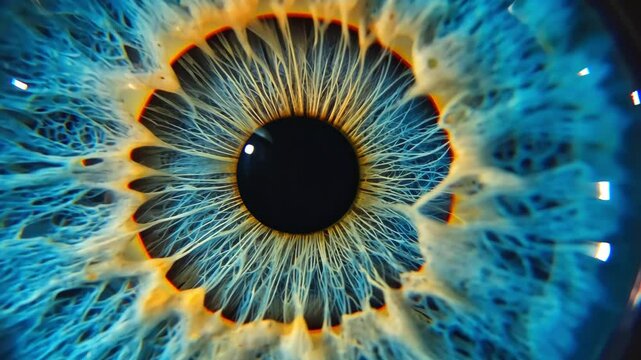 Stunning close-up of vibrant blue eye with intricate yellow and white details in iris, showcasing complexity and beauty of human vision. Perfect for themes of focus, clarity, and insight.