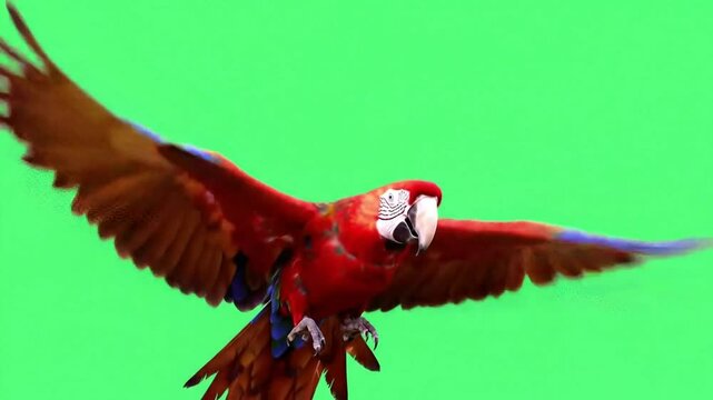 Tropical parrot flying on green screen background