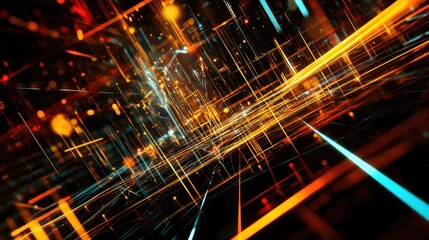 Multidimensional light beams refracted to present linear multiple intersecting light, abstract quantum physics visualization of energy and space.