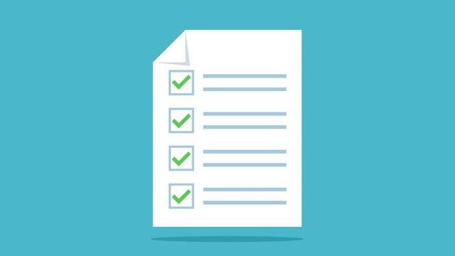 Document with a to-do list. All points are marked with green checkmarks. Test, survey with correctly marked answers. Animation in flat design style. Video of a completed checklist.