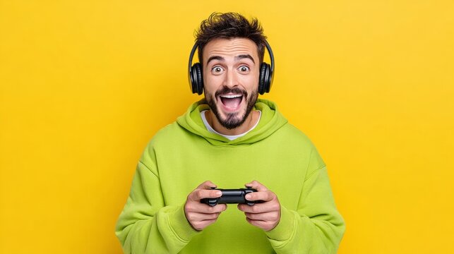 Man in a green hoodie is playing a video game and is smiling. Concept of fun and enjoyment, as the man is fully engaged in the game and he is having a good time