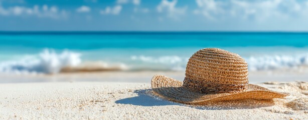 Summer holiday and vacation background with straw hat Straw hat rests on a serene beach shore.