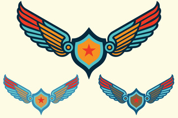 Retro Winged Badge Icon with Star Shield &ndash; Vintage Military Emblem Vector Design