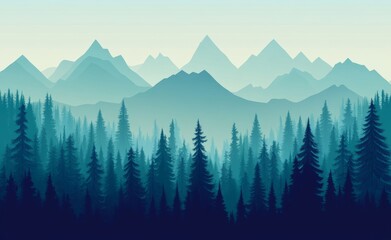Fototapeta premium The colorful view of a natural forest jungle at sunrise and sunset is depicted in a modern style illustration as a landscape wallpaper background with trees on the horizon