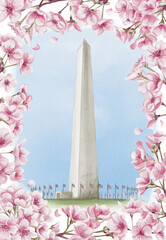 Washington Monument in Washington, D.C. National Cherry Blossom Festival. Frame with pink flowers. Watercolor illustration, hand drawing. Sketch. Template for a postcard or souvenir.