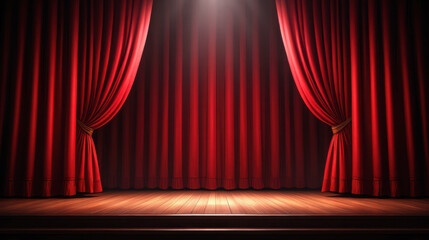Empty theater stage with red velvet curtains and wooden floor