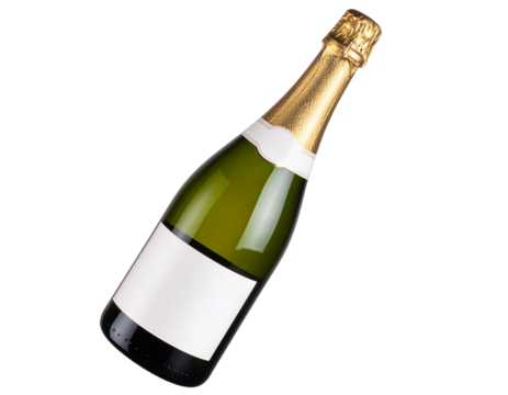 Sparkling Wine Bottle with Cork and Foil Wrapper, Tilted Presentation, Transparent